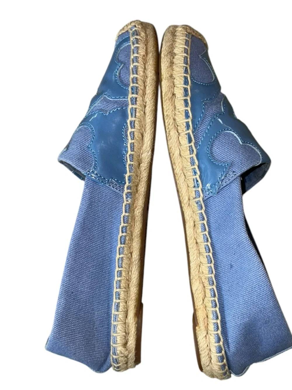 Tory Burch Lonnie Chambray Blue & Patent Leather Logo Flat Espadrilles - 7.5